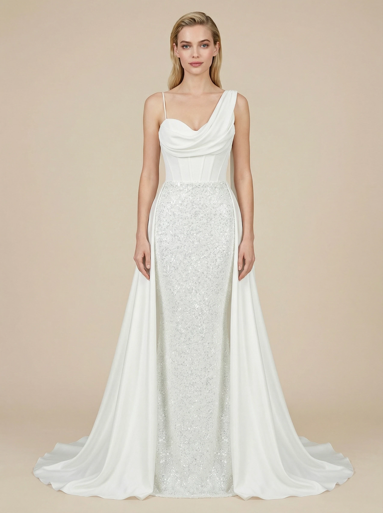 Mermaid Spaghetti Straps Boning Maxi Long Satin Wedding Dresses Overskirt