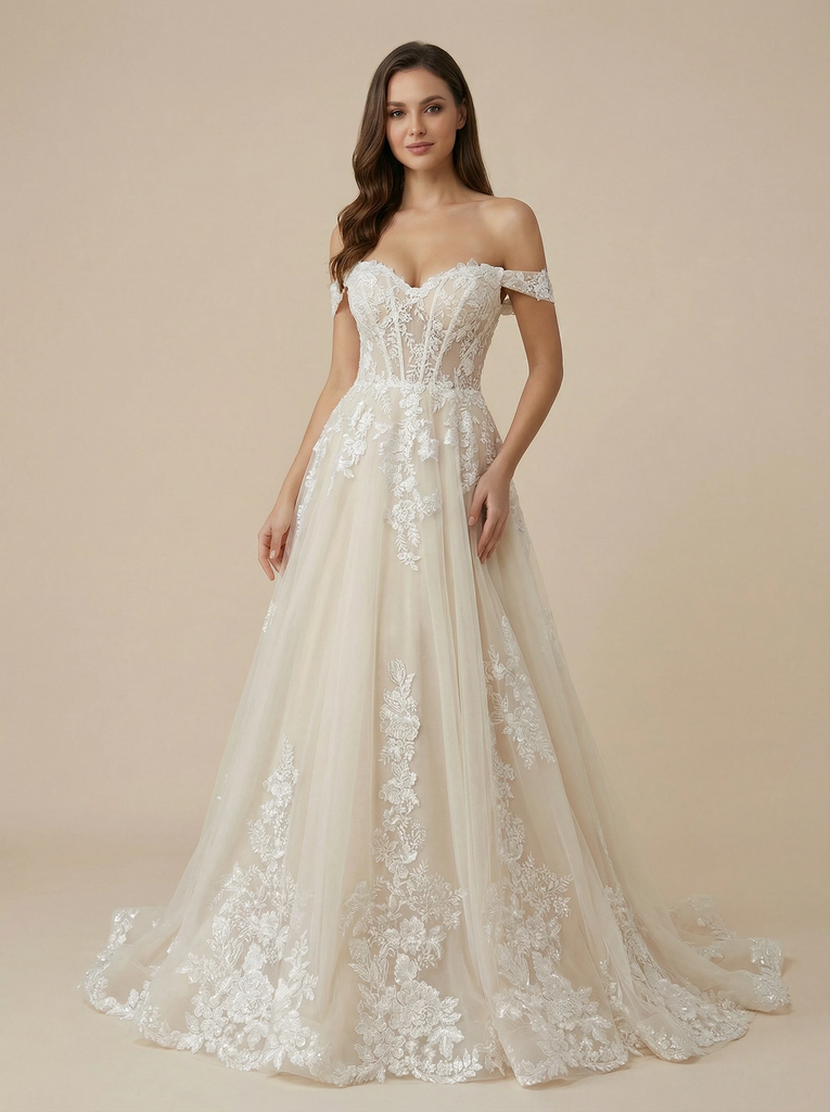 A-Line Off The Shoulder Lace And Tulle Maxi Long Wedding Dresses Online