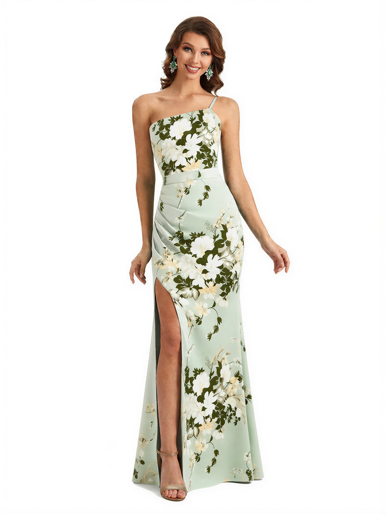 Simple One Shoulder Side Slit Sleeveless Mermaid Floral Satin Maxi Floral Formal Dresses For Women
