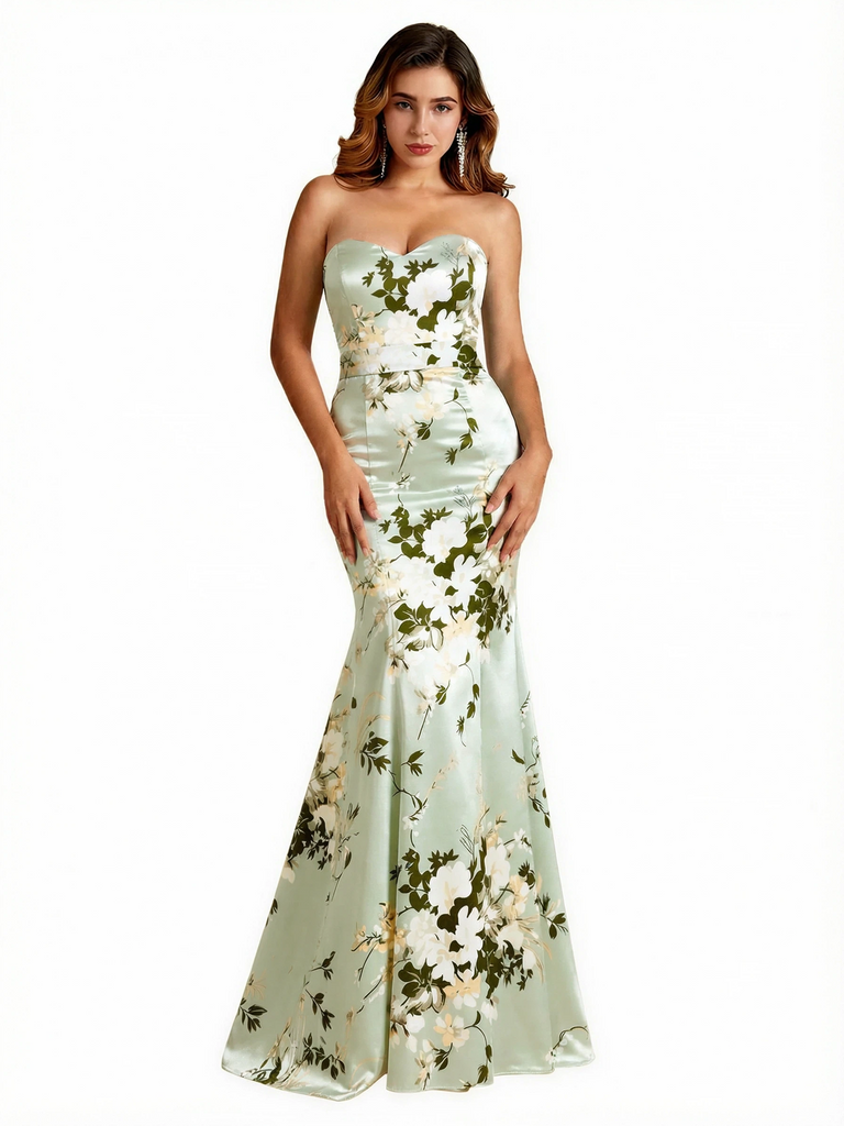 Sexy Sweetheart Mermaid Long Satin Floral Formal Dresses For Women