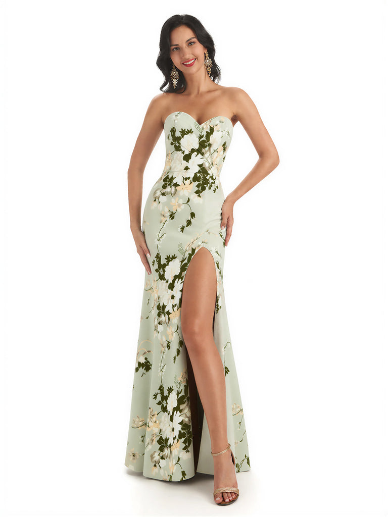 Sexy Sweetheart Side Slit Mermaid Long Satin Floral Formal Dresses For Women