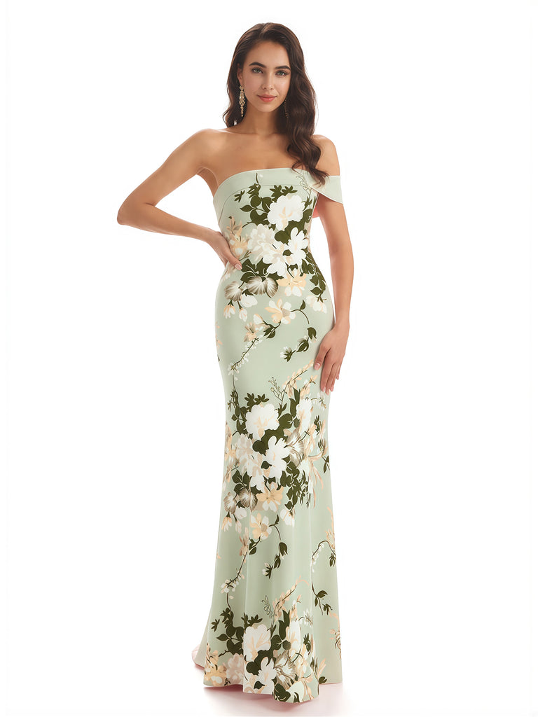 Sexy One Shoulder Sleeveless Mermaid Long Satin Floral Formal Dresses For Women