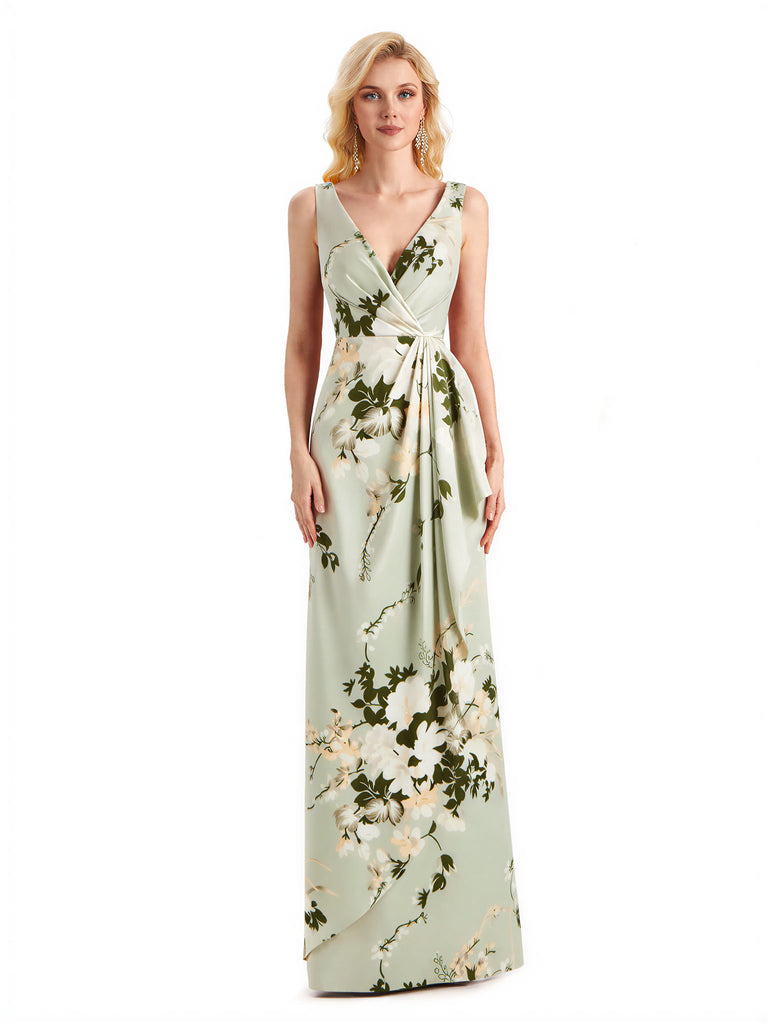 Beautiful Mermaid V-Neck Floral Satin Maxi Floral Formal Dresses For Women