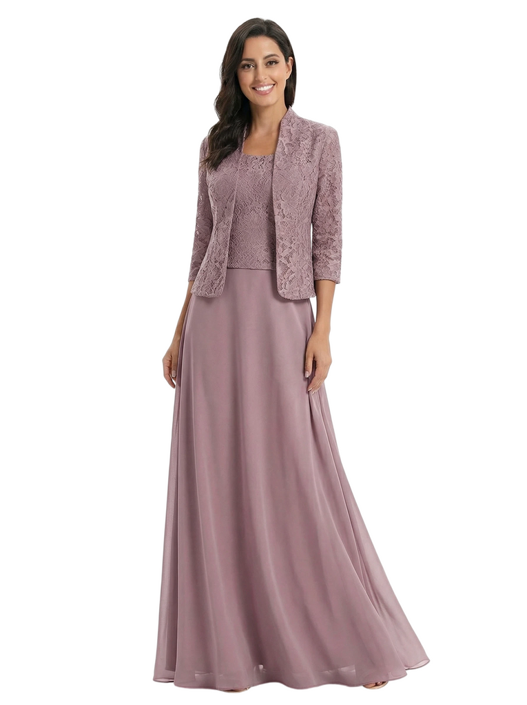 Chicsew Square Lace Chiffon Mother Of The Bride Maxi Gown 3/4 Sleeves Jacket Formal Mother Of The Bride Gowns