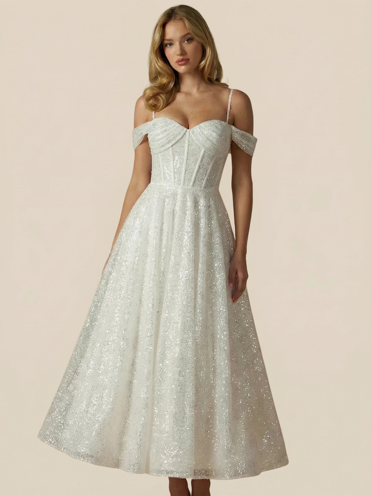 A-Line Cold Shoulder Boning Sequin Tea-Length Wedding Dresses Online