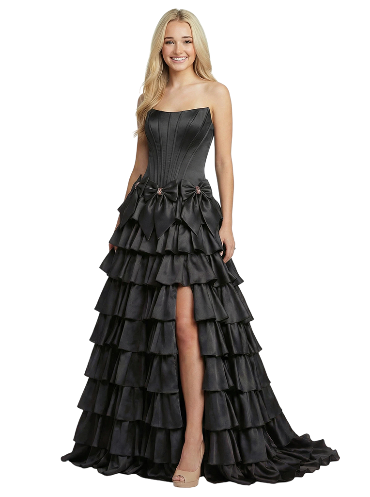 Unique Strapless Corset Formal Gown Bow Detail Ruffled Tiered Floor Length Prom Dress