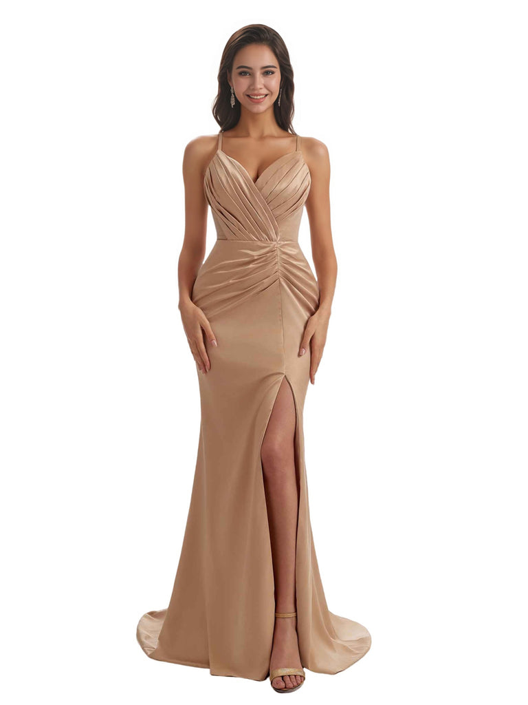 Elegant Long Mermaid Ruched Satin Modern Long Bridesmaid Dresses Spaghetti Straps Side Split