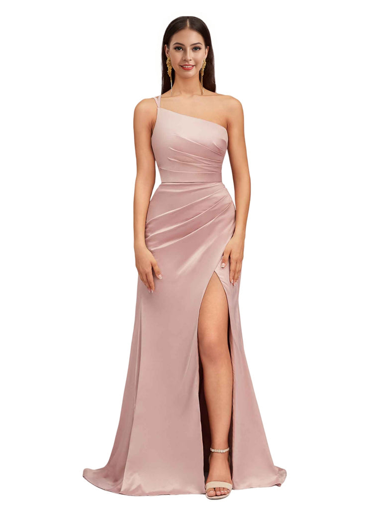 Elegant Mermaid One Shoulder Stretch Satin Side Slit Formal Long Bridesmaid Dresses