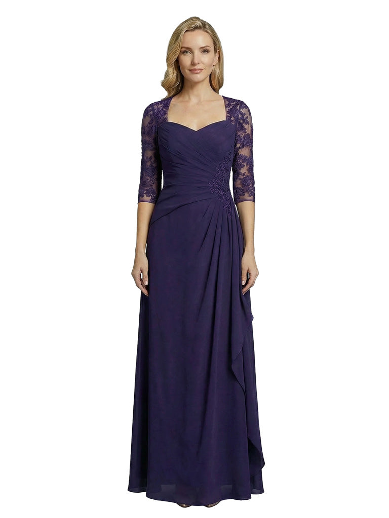 Elegant A-Line V-Neck Lace Long Sleeves Mother Of The Bride Dress Chiffon Gown