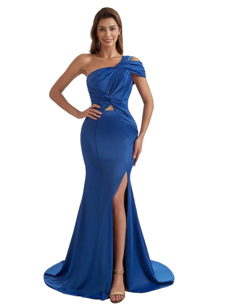 Sexy Unique One Shoulder Silky Satin Mermaid Long Bridesmaid Dresses Side Slit