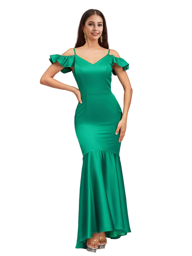 Sexy Mermaid Cold Shoulder Soft Satin Beauty Long Bridesmaid Dresses