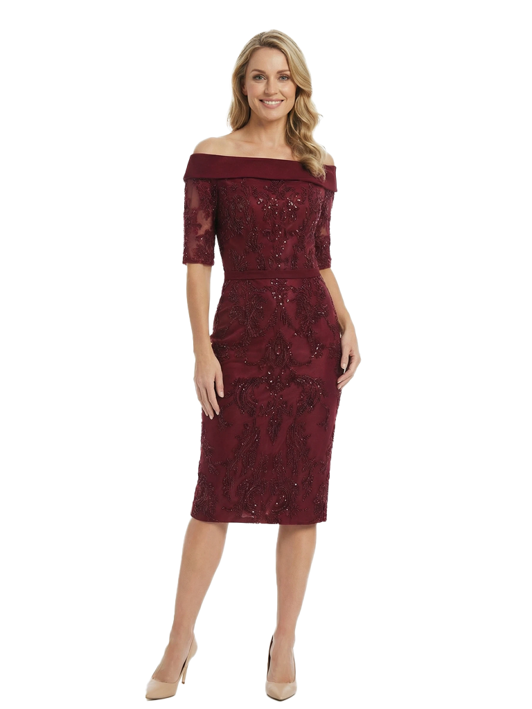 Chicsew Elegant Half Sleeves Lace Appliques Sequin Satin Sheath Mother Of The Bride Dress