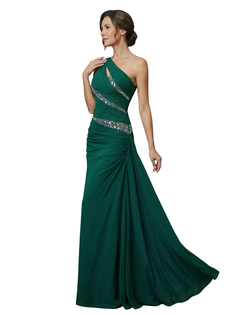 Elegant One Shoulder Beaded Chiffon A-Line Long Mother of The Bride Dresses
