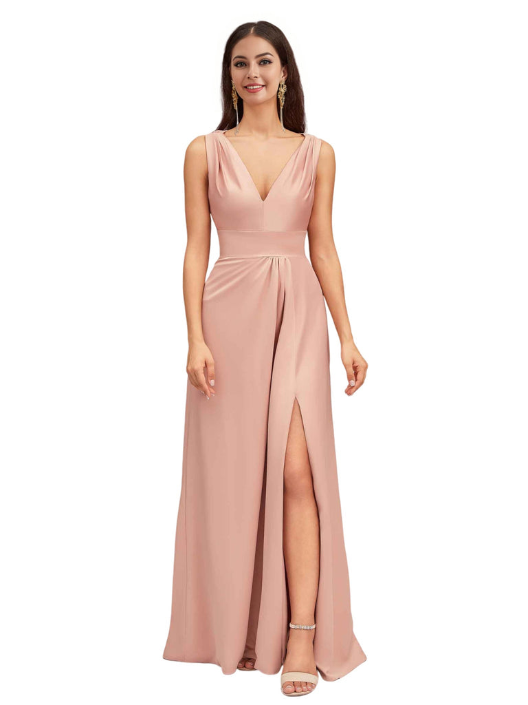 Sexy V-Neck A-Line Soft Satin Beauty Long Bridesmaid Dresses Online
