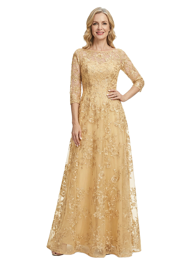 ChicSew Elegant Illusion 3/4 Sleeves A-Line Mother Of The Bride Gown Lace Tulle Overlay