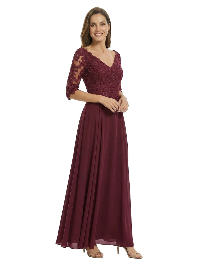 Classy V-Neck 3/4 Lace Sleeves A-Line Floor Length Mother of The Bride Gown