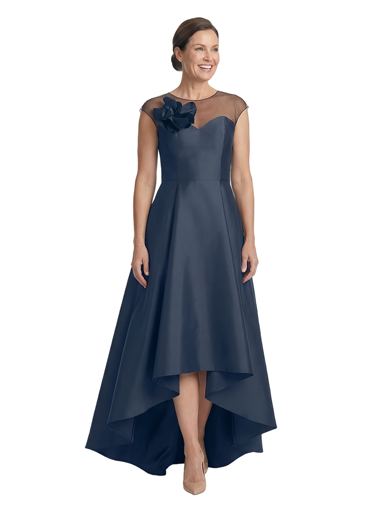 Chicsew Illusion Neckline Cap Sleeve High Low Satin Modern Mother of the Bride Dresses