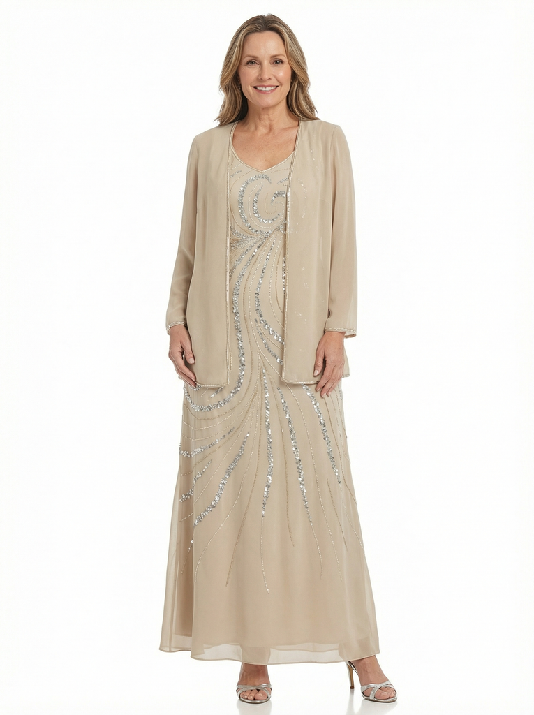 Chicsew Sparkly V-Neck Sleeveless Chiffon Mother Of The Bride Dresses With Jacket