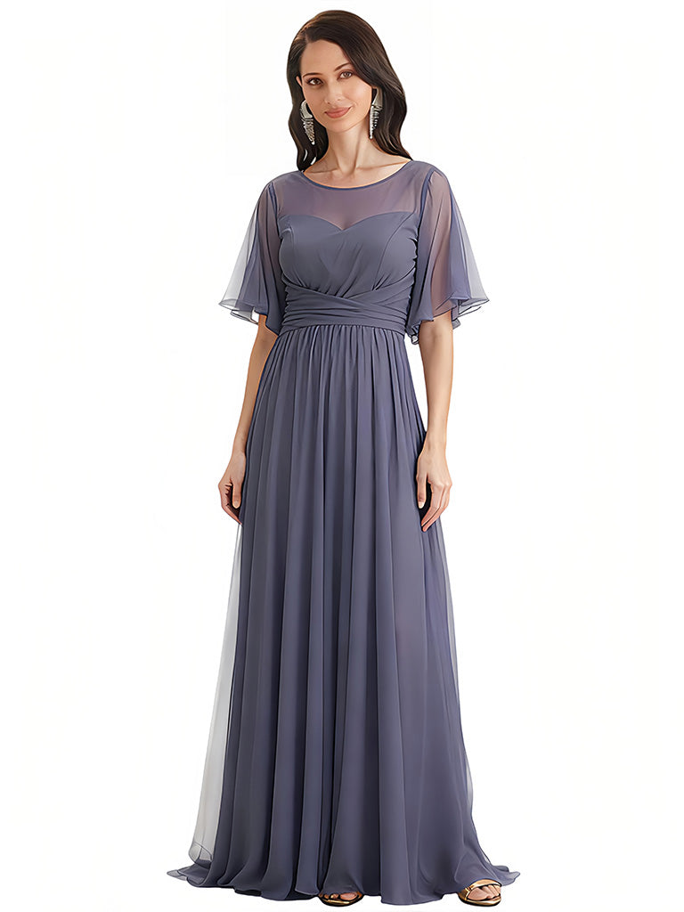Elegant Flutter Sleeves Jewel A-Line Ruched Chiffon Mother Of The Bride Dress