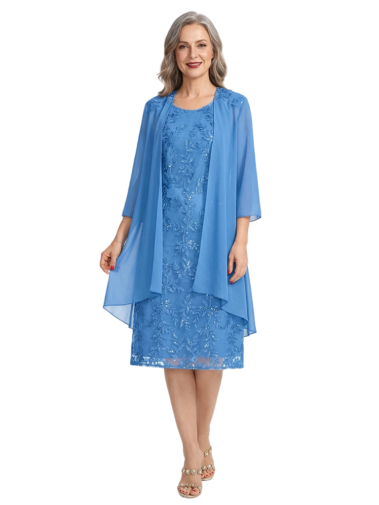 ChicSew Round Neck Long Sleeve Chiffon Jacket Lace Beaded Short Chiffon Mother Of The Bride And Groom Dresses