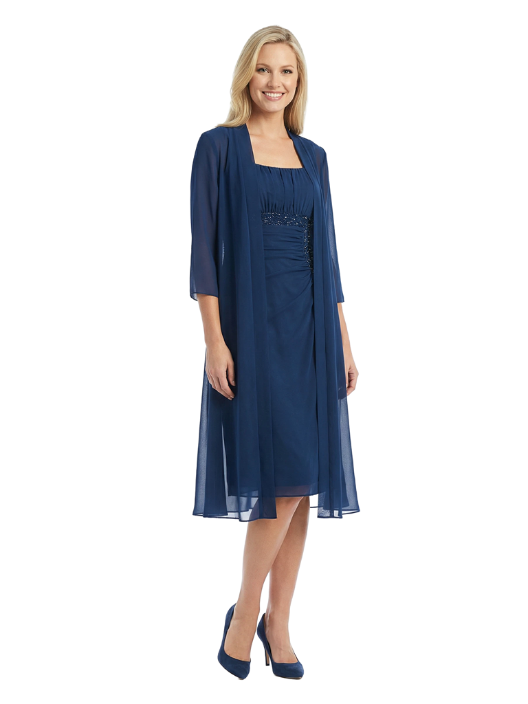 Chicsew Classy Square 3/4 Sleeve Chiffon Mother of The Groom Dress Midi Set Sheer Jacket Beaded Gown
