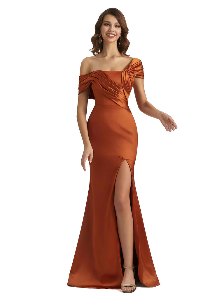 Sexy Asymmetrical Straps Silky Satin Mermaid Maxi Evening Dresses For Ladies Side Slit
