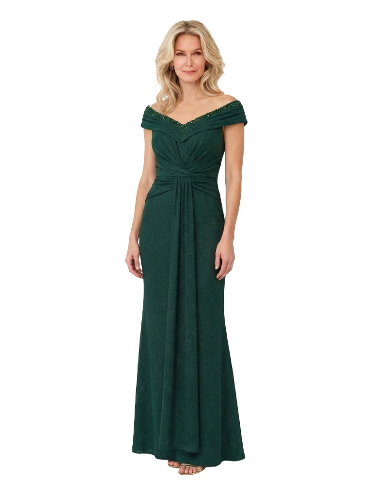 Classy Off The Shoulder Glitter Jersey Mother Of The Groom Dress Beaded Ruched Evening Gown