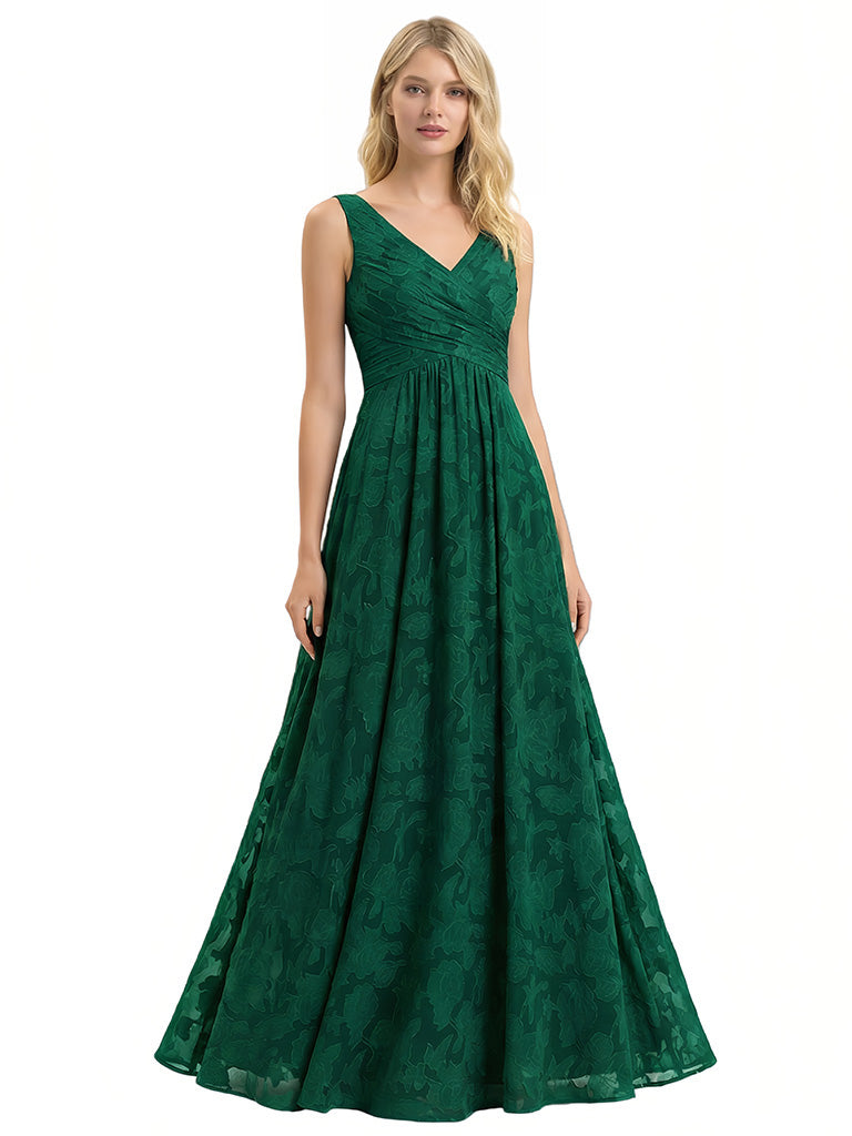 Elegant Spaghetti Straps Sleeveless V-Neck Floral Burnout Chiffon A-Line Formal Evening Dresses