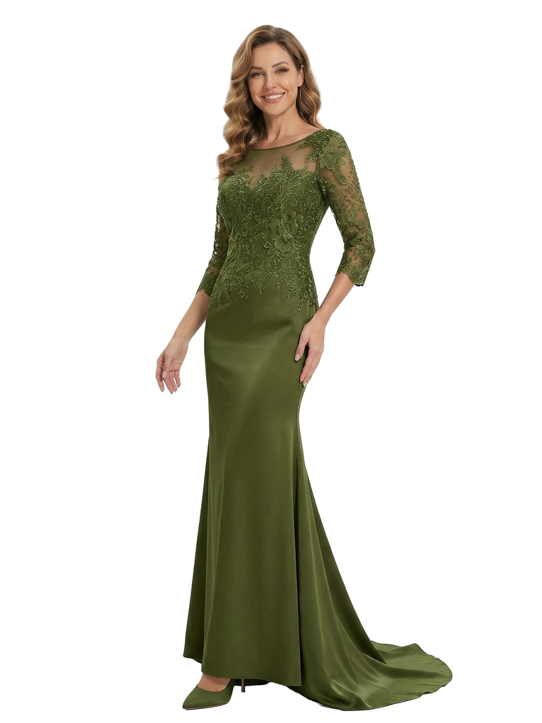 Chicsew Elegant Scoop Lace 3/4 Sleeves Satin Mermaid Mother Of The Bride Dresses