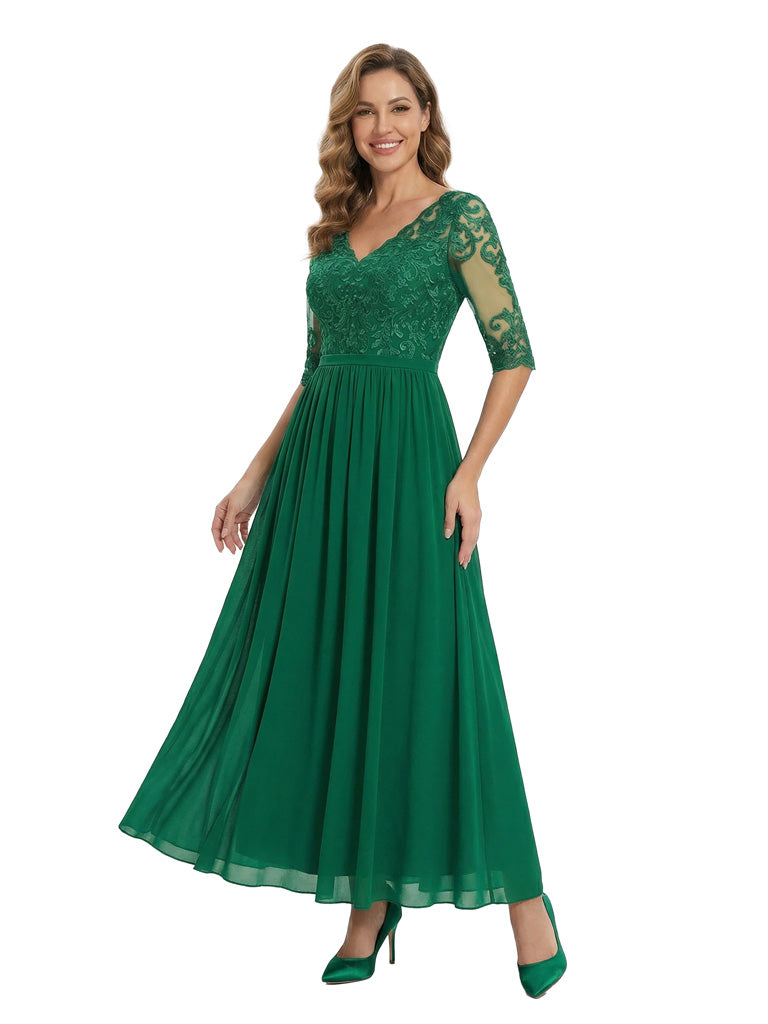 Elegant V-Neck Lace Long Sleeves A-Line Chiffon Maxi Mother Of The Bride Dresses