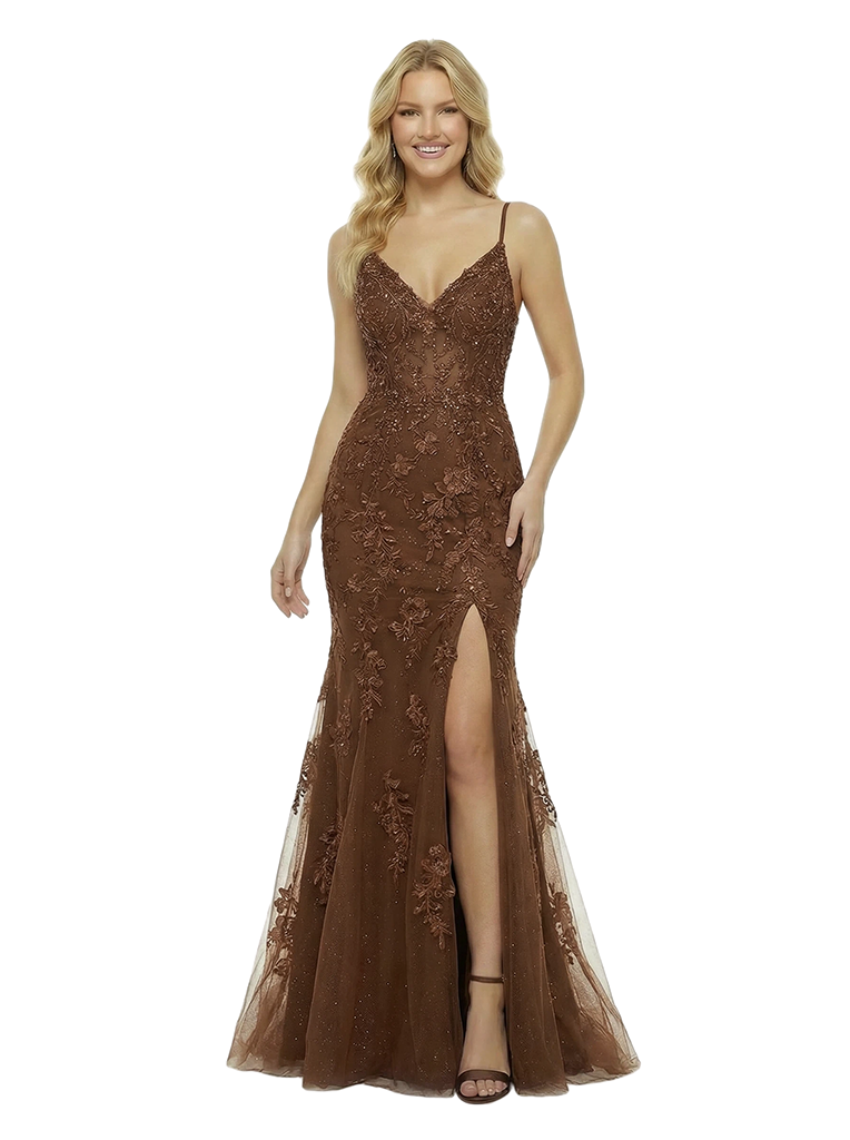 Unique Spaghetti Straps V-Neck Side Slit Mermaid Lace Tulle Formal Prom Dress