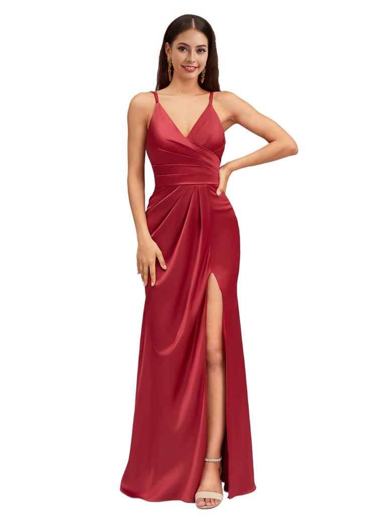 Sexy V-Neck Spaghetti Straps Side Slit Open Back Mermaid Soft Satin Long Bridesmaid Dresses