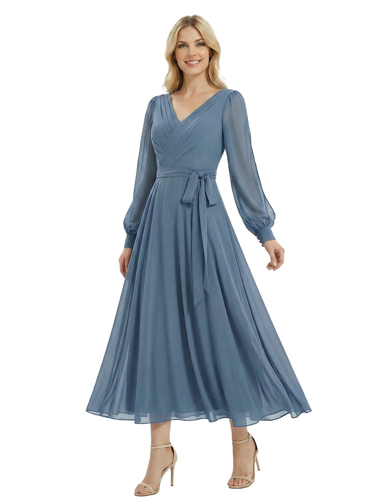 Elegant Mother of The Bride Dresses Modern V-Neck Long Sleeve Chiffon Gown Pretty Flowy Maxi Dress for Weddings