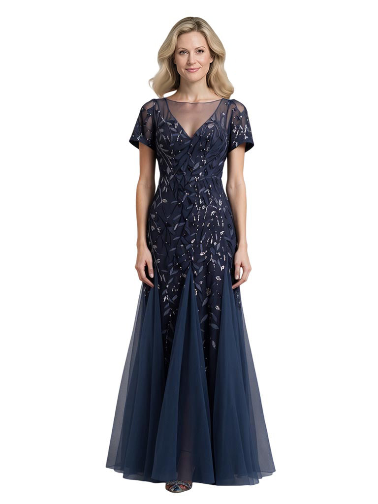 Elegant Dark-Navy Lace Short Sleeves Mermaid Long Mother Of The Bride Dresses