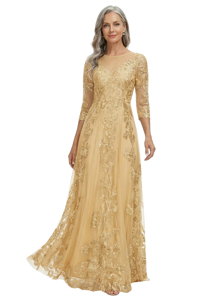 ChicSew Elegant Illusion Long Sleeve A-Line Mother Of The Bride Gown Lace Tulle Overlay