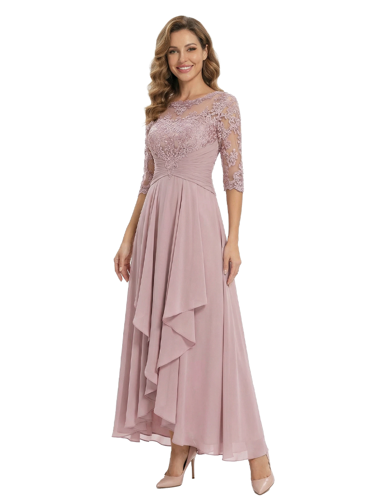Modern Ruffle Chiffon Lace Illusion A-Line Mother Of The Bride Dress With Sleeves