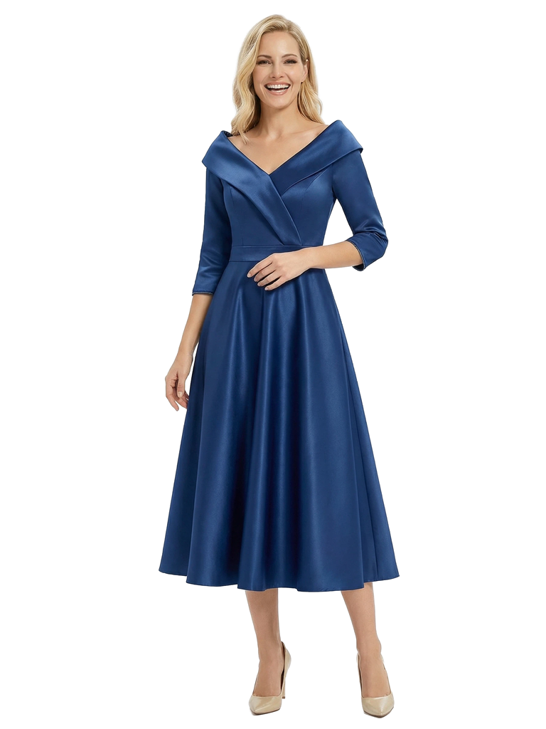 Chicsew Modern Off Shoulder 3/4 Sleeve Satin Mother of The Groom Dress Midi A-Line Formal Gown