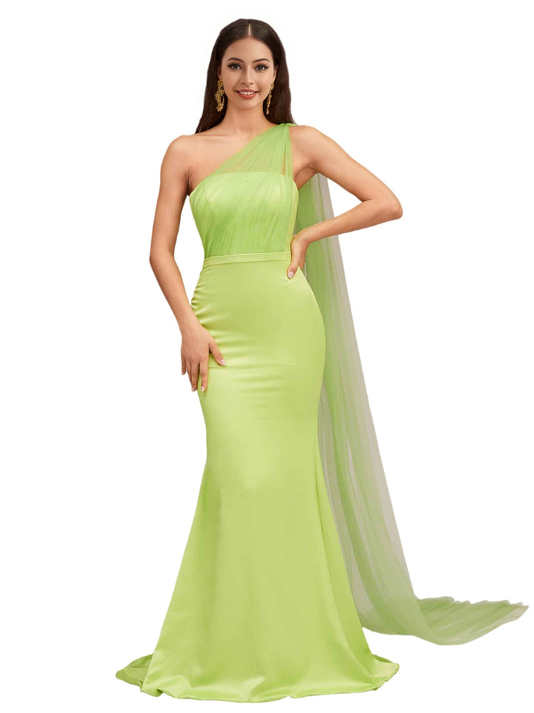 Elegant Mermaid One Shoulder Zipper Back Soft Satin Long Bridesmaid Dresses