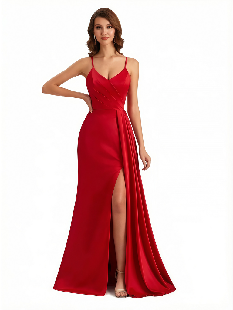 Women's Mermaid Ruched Satin Side Slit Long Formal Dresses With Waist Drape Spaghetti Straps V-Neck