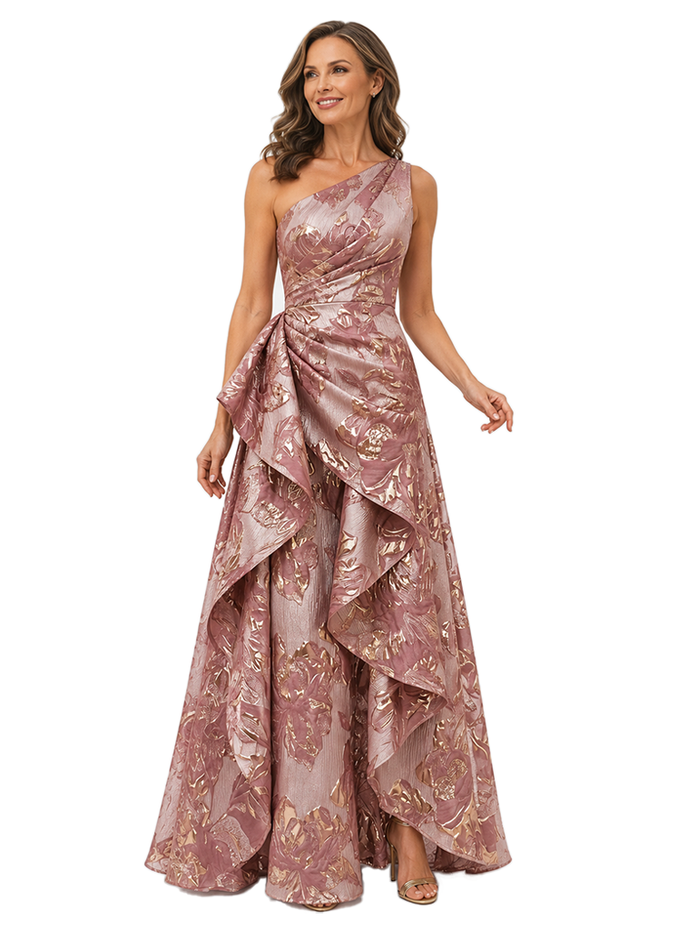 Chicsew Elegant Floral One Shoulder Ruched Ruffle A-Line Long Formal Evening Dresses