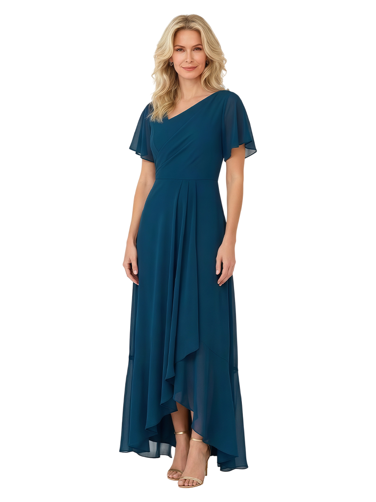 Beautiful Asymmetrical Neckline Flutter Sleeve Chiffon Mother of the Bride Floor-Length Dress