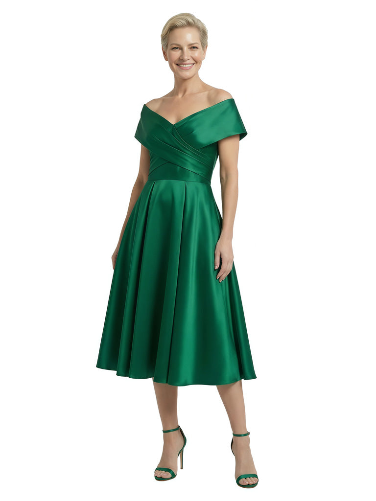 Mother Of The Groom Off Shoulder Satin A-Line Midi Formal Bride Mother Wear