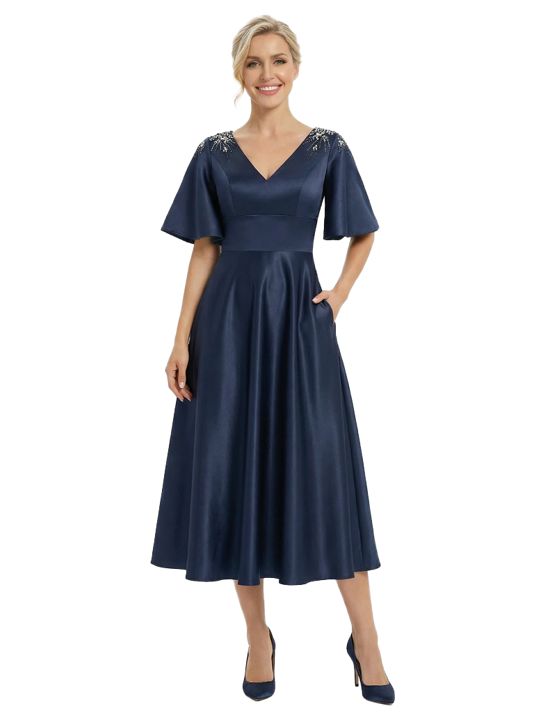 Chicsew Elegant Mother Of The Bride Dress V-Neck Short Sleeves Satin A-Line Tea-Length Gown