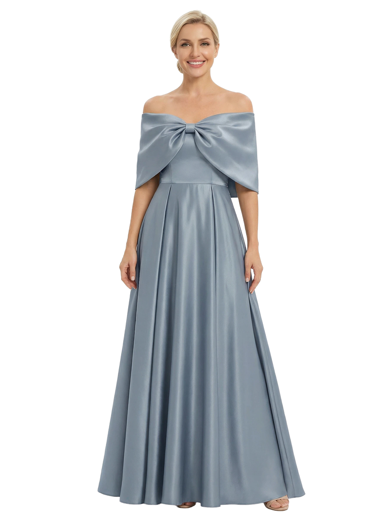 Chicsew Elegant Off Shoulder Bow Knot Floor-Length Satin A-Line Mother Of The Bride Dresses