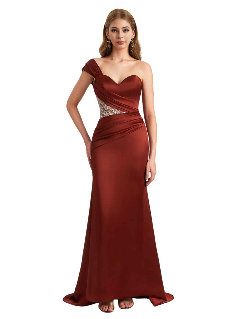 Elegant Lace Silky Satin One Shoulder Mermaid Floor Length Bridesmaid Dresses Online