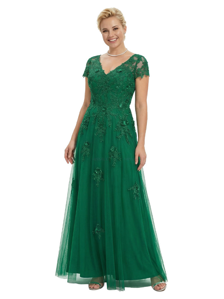 V-Neck Mother Of The Bride Dress Short Lace Sleeves Maxi Gown Formal Wedding Attire