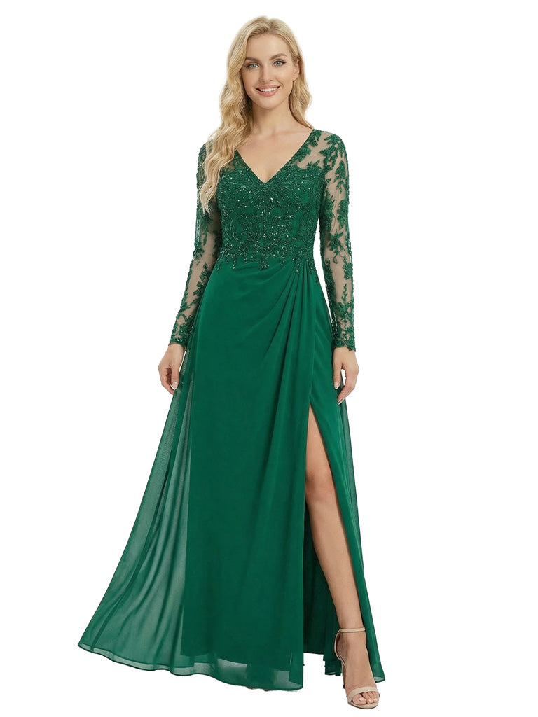 Modern Long Sleeves Lace Beaded V-Neck A-Line Mother Of The Bride Dresses