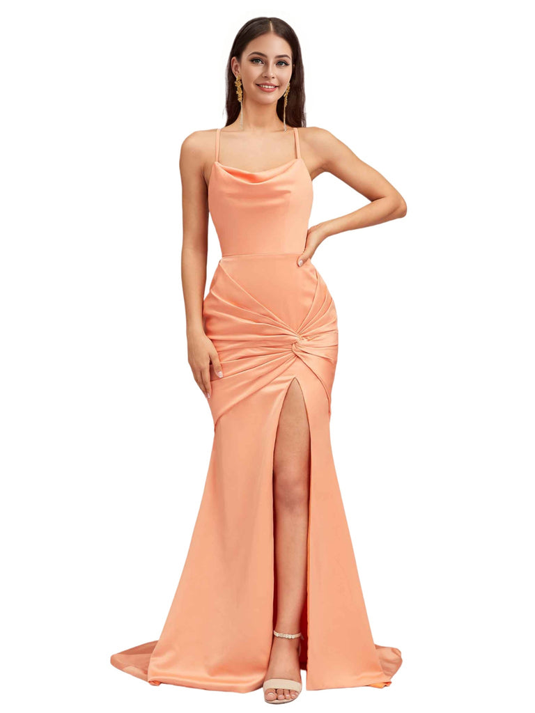 Sexy Mermaid Spaghetti Straps Side Slit Ruched Soft Satin Pretty Long Bridesmaid Dresses