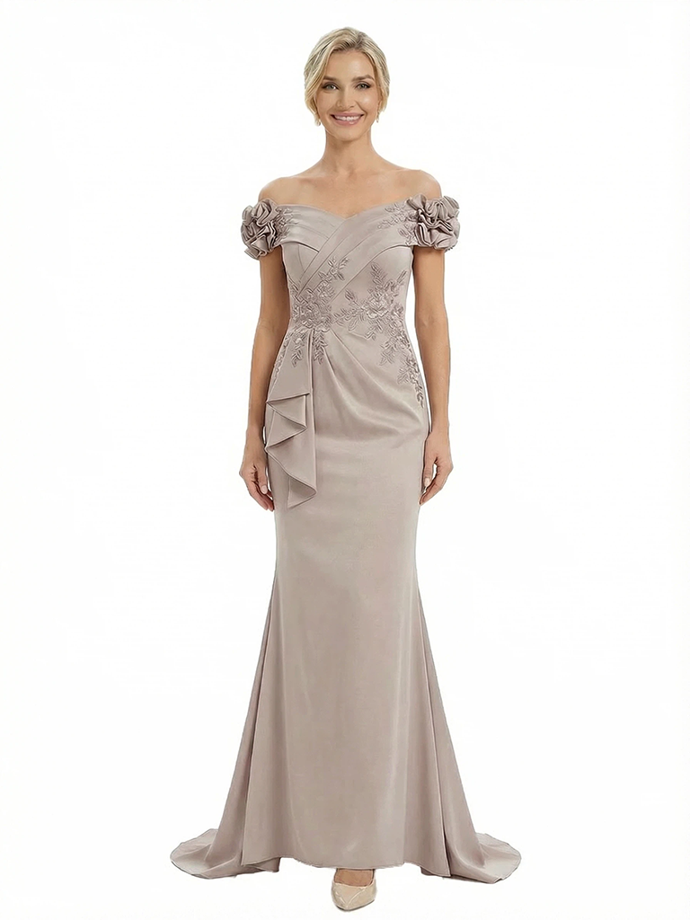 Chicsew Fancy Satin Off Shoulder Lace Appliques Ruched Mermaid Mother Of The Groom Gowns