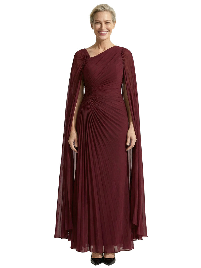 Elegant Asymmetrical Neck Mother of the Bride Gown with Floor Length Cape Sleeves Chiffon Dress